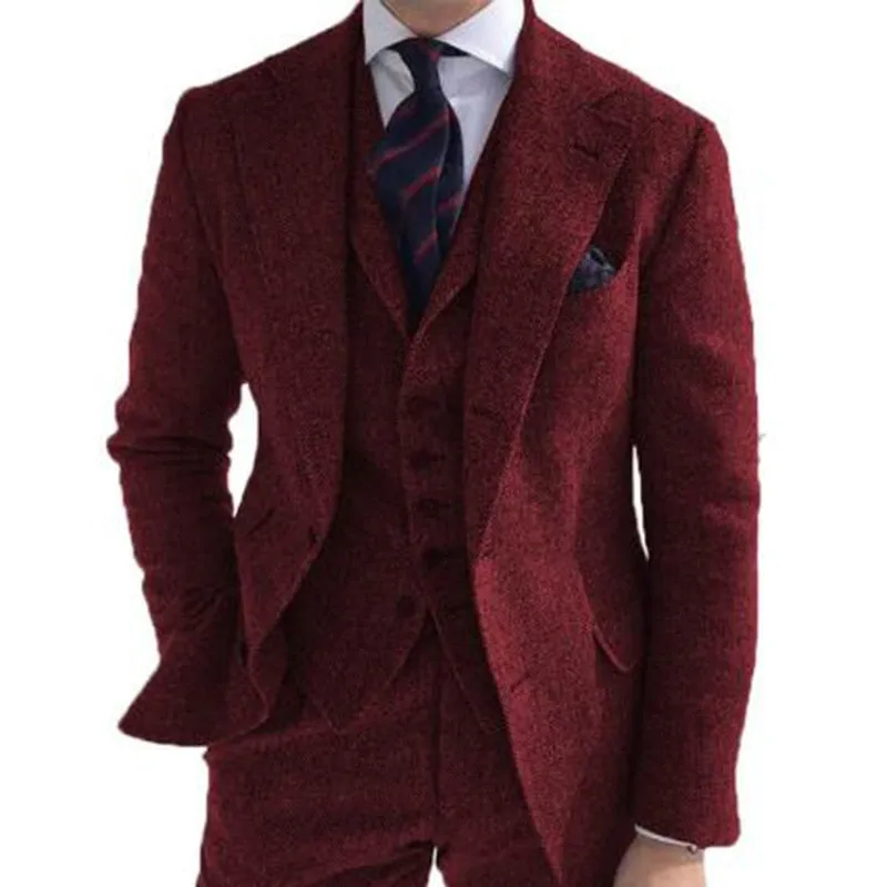 Mens Formal Suit Sets Gray Wool Tweed Winter Men Suit's For Wedding Formal Groom Tuxedo Herringbone Male Fashion 3 Piece (Jacket  Vest  Pants Tie)