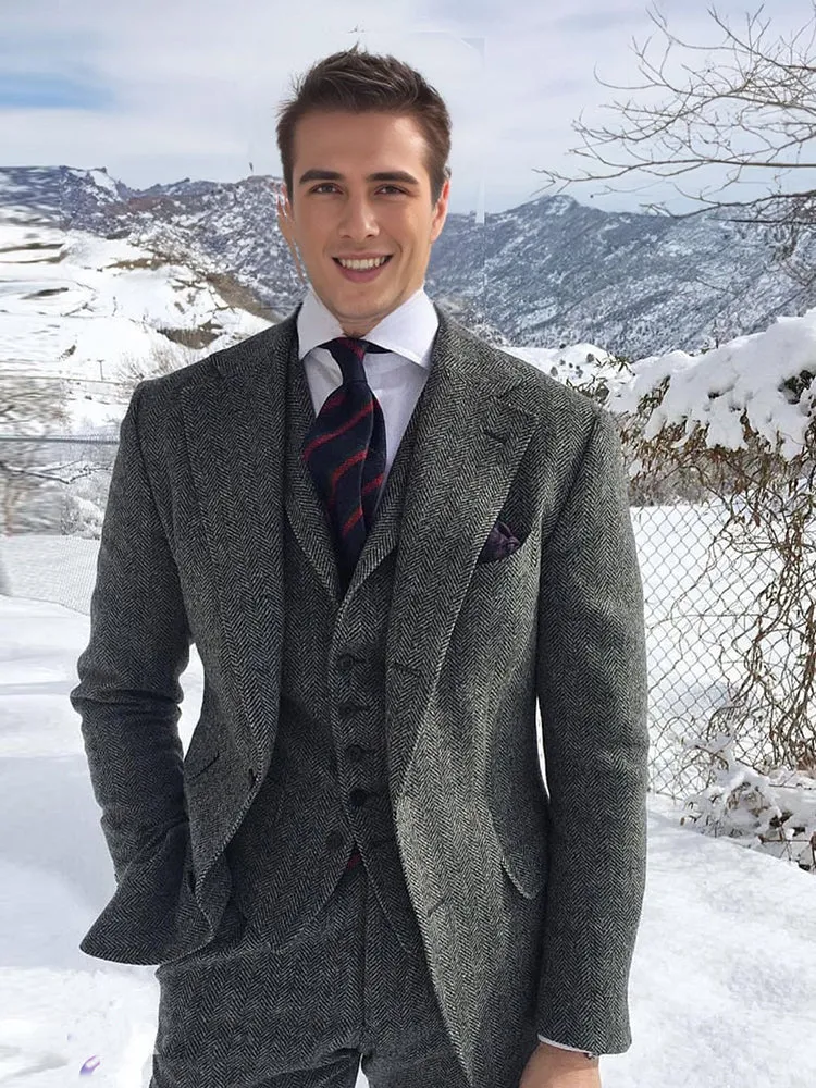 Mens Formal Suit Sets Gray Wool Tweed Winter Men Suit's For Wedding Formal Groom Tuxedo Herringbone Male Fashion 3 Piece (Jacket  Vest  Pants Tie)