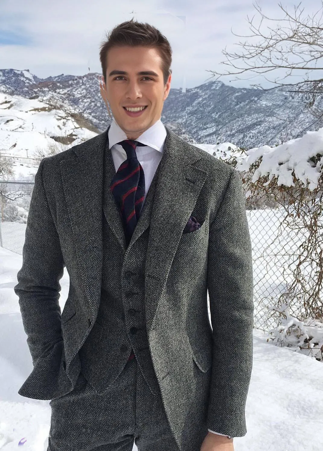 Mens Formal Suit Sets Gray Wool Tweed Winter Men Suit's For Wedding Formal Groom Tuxedo Herringbone Male Fashion 3 Piece (Jacket  Vest  Pants Tie)