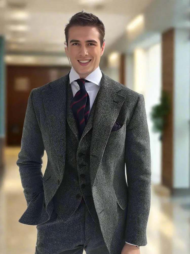 Mens Formal Suit Sets Gray Wool Tweed Winter Men Suit's For Wedding Formal Groom Tuxedo Herringbone Male Fashion 3 Piece (Jacket  Vest  Pants Tie)