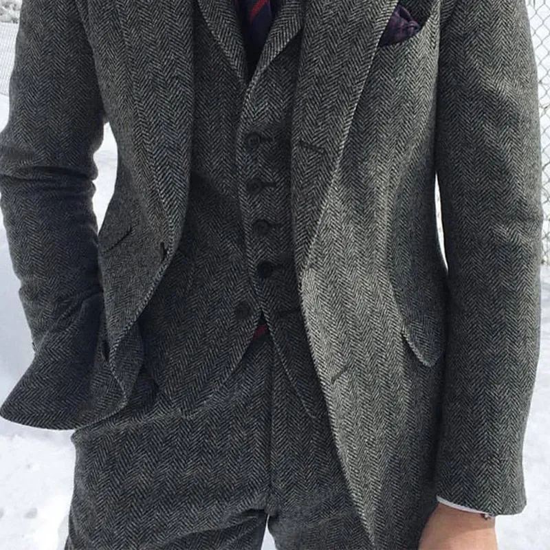 Mens Formal Suit Sets Gray Wool Tweed Winter Men Suit's For Wedding Formal Groom Tuxedo Herringbone Male Fashion 3 Piece (Jacket  Vest  Pants Tie)