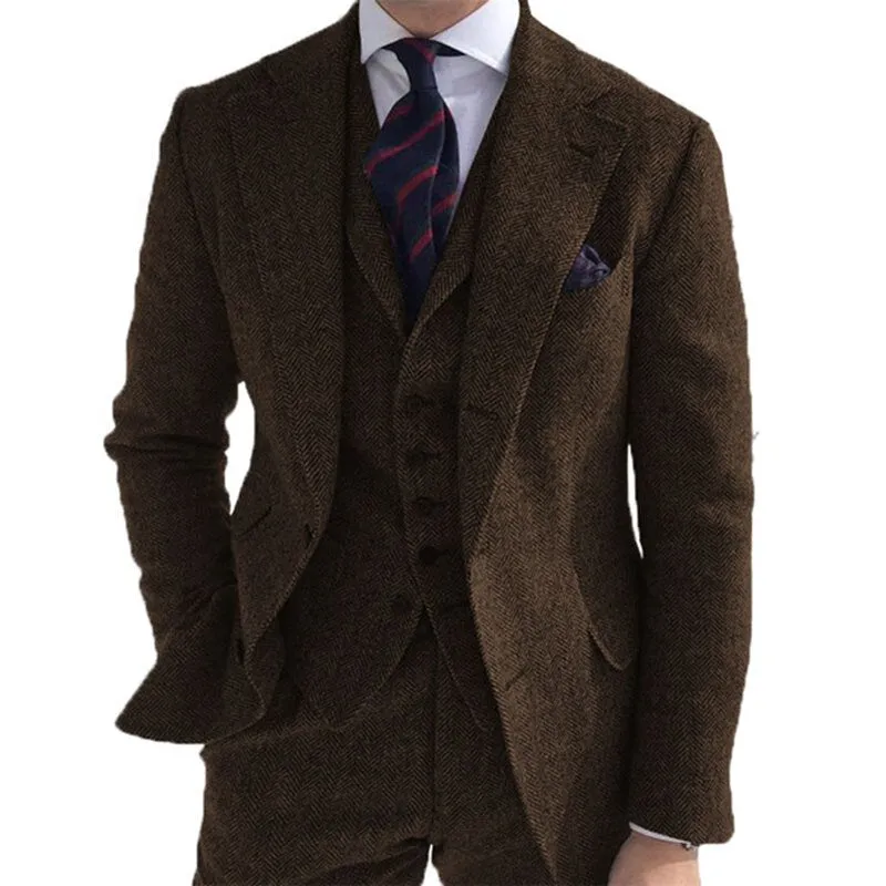 Mens Formal Suit Sets Gray Wool Tweed Winter Men Suit's For Wedding Formal Groom Tuxedo Herringbone Male Fashion 3 Piece (Jacket  Vest  Pants Tie)