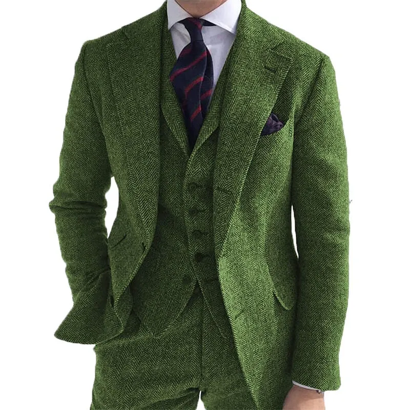 Mens Formal Suit Sets Gray Wool Tweed Winter Men Suit's For Wedding Formal Groom Tuxedo Herringbone Male Fashion 3 Piece (Jacket  Vest  Pants Tie)