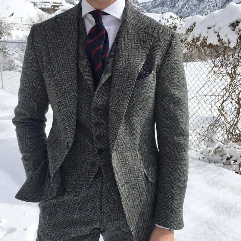 Mens Formal Suit Sets Gray Wool Tweed Winter Men Suit's For Wedding Formal Groom Tuxedo Herringbone Male Fashion 3 Piece (Jacket  Vest  Pants Tie)