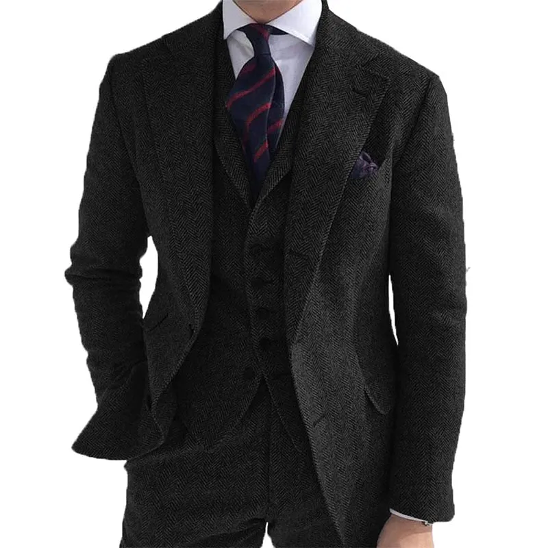 Mens Formal Suit Sets Gray Wool Tweed Winter Men Suit's For Wedding Formal Groom Tuxedo Herringbone Male Fashion 3 Piece (Jacket  Vest  Pants Tie)
