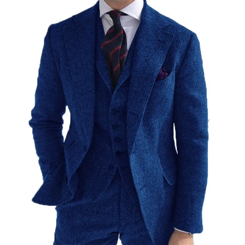 Mens Formal Suit Sets Gray Wool Tweed Winter Men Suit's For Wedding Formal Groom Tuxedo Herringbone Male Fashion 3 Piece (Jacket  Vest  Pants Tie)
