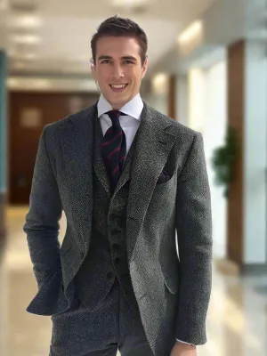 Mens Formal Suit Sets Gray Wool Tweed Winter Men Suit's For Wedding Formal Groom Tuxedo Herringbone Male Fashion 3 Piece (Jacket  Vest  Pants Tie)