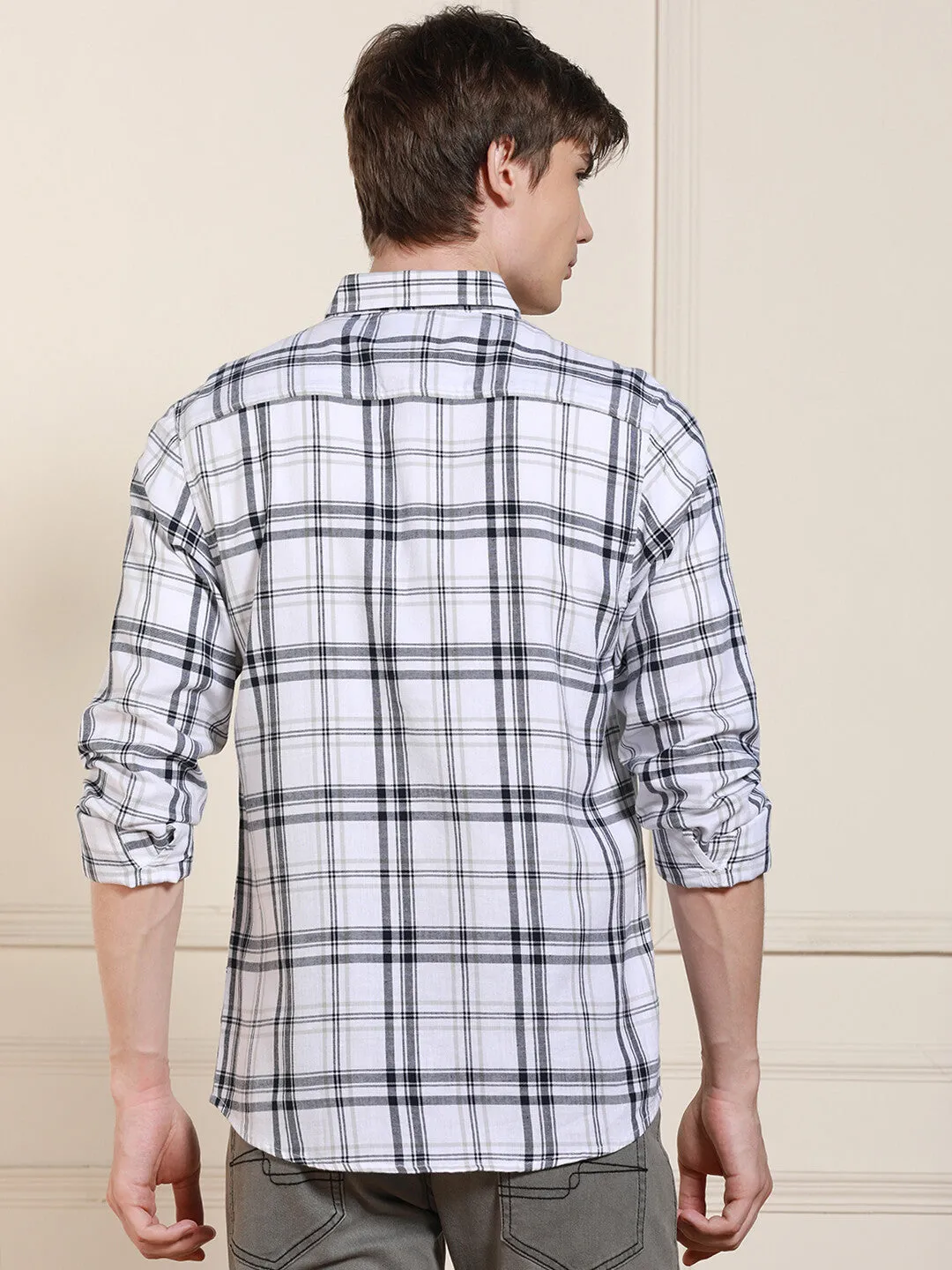 Men's White Tartan Checks Spread Collar Full Sleeves Casual Shirt