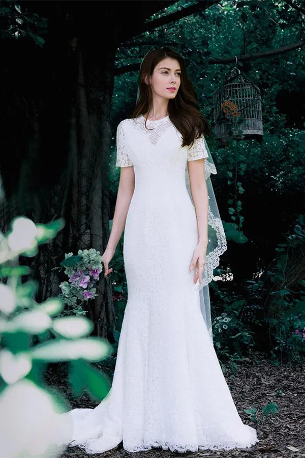 Mermaid White Short Sleeves Zipper Back Long Lace Wedding Dress