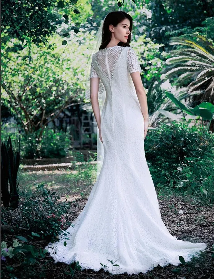 Mermaid White Short Sleeves Zipper Back Long Lace Wedding Dress