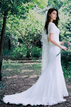 Mermaid White Short Sleeves Zipper Back Long Lace Wedding Dress