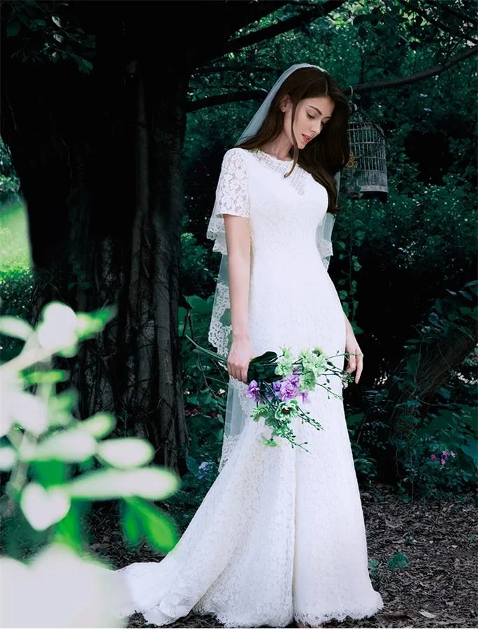 Mermaid White Short Sleeves Zipper Back Long Lace Wedding Dress