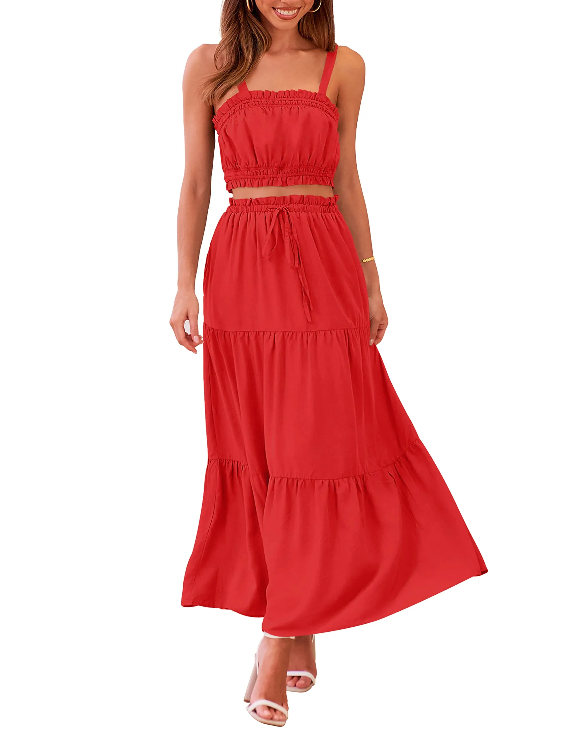 MEROKEETY Crop Top Long Skirt Two Piece Set