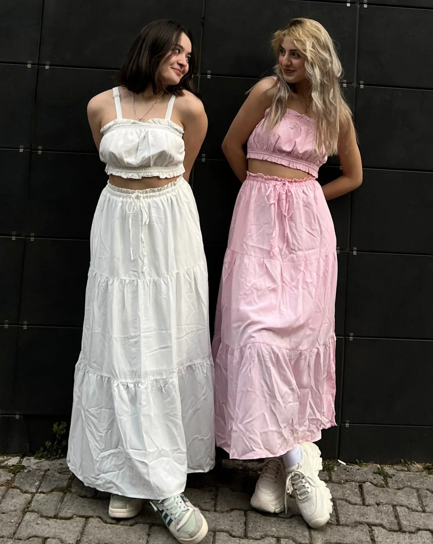 MEROKEETY Crop Top Long Skirt Two Piece Set