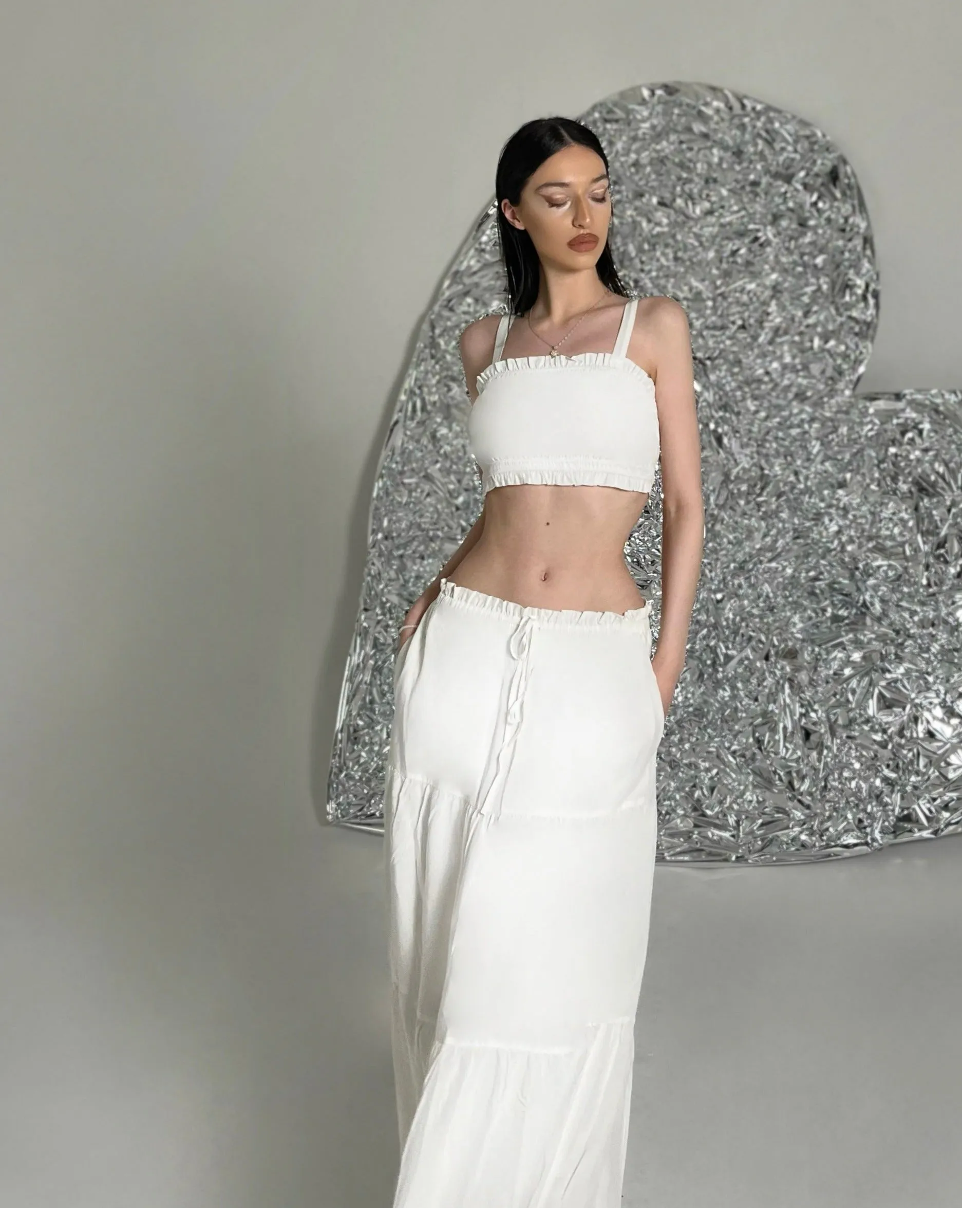 MEROKEETY Crop Top Long Skirt Two Piece Set