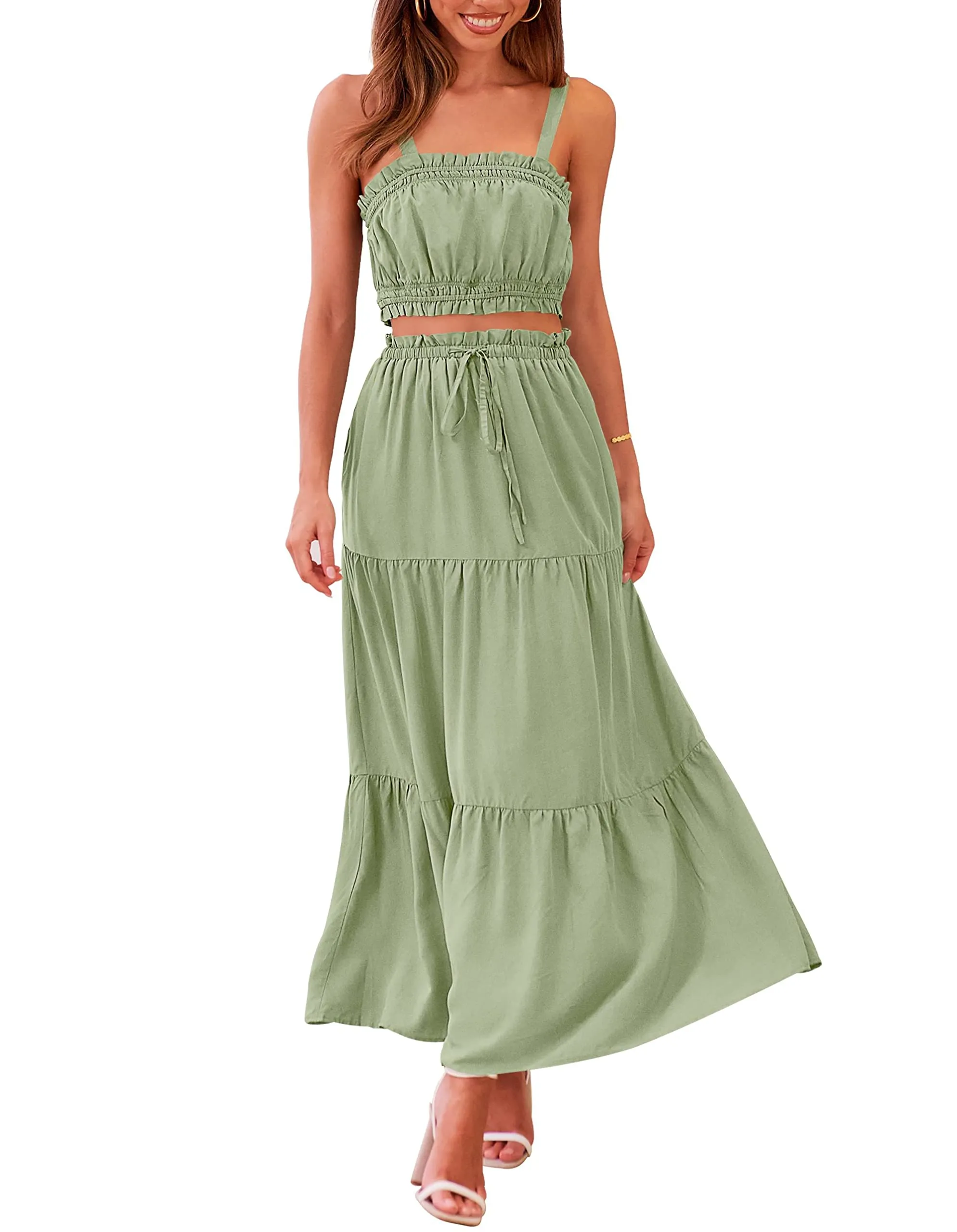 MEROKEETY Crop Top Long Skirt Two Piece Set