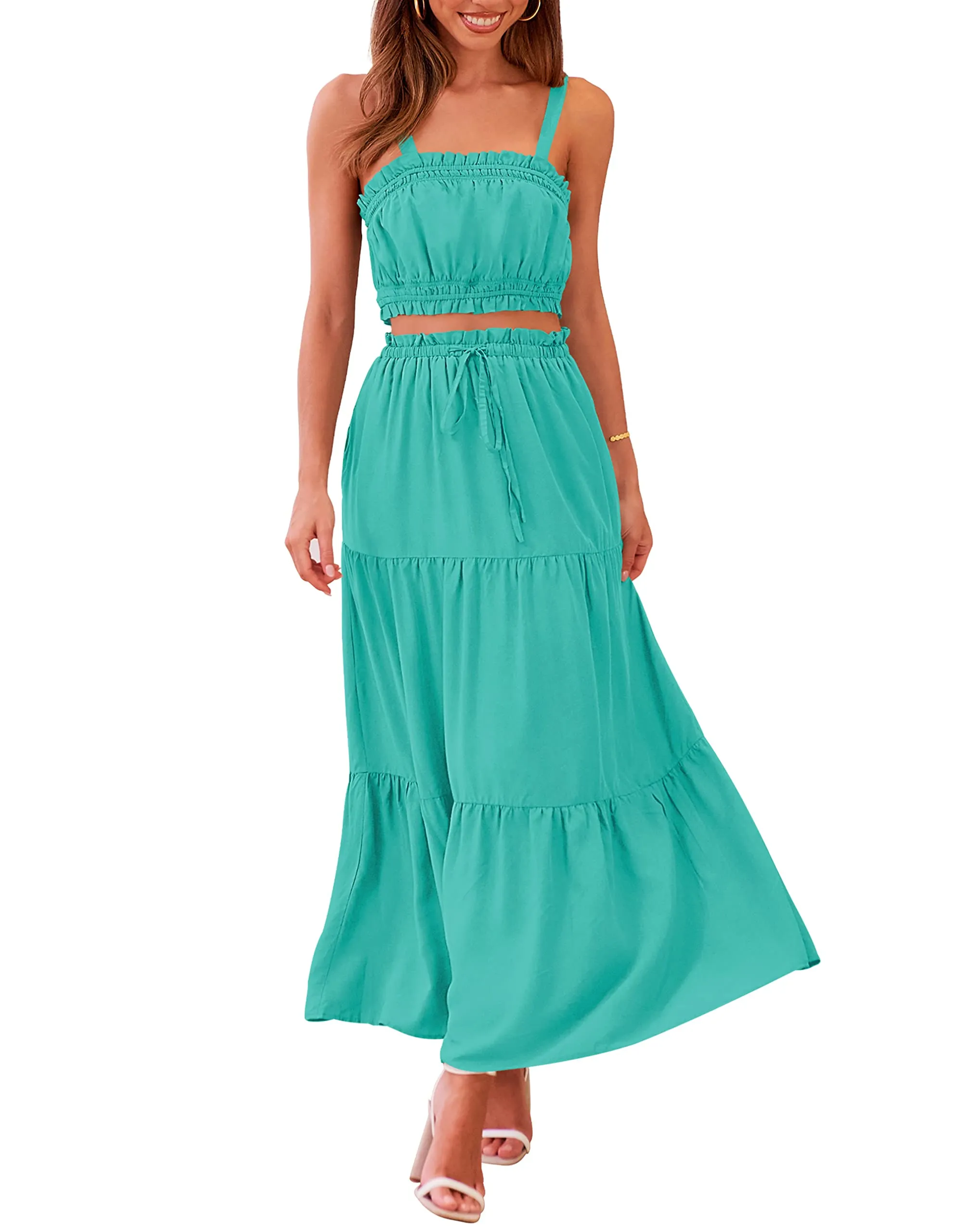MEROKEETY Crop Top Long Skirt Two Piece Set