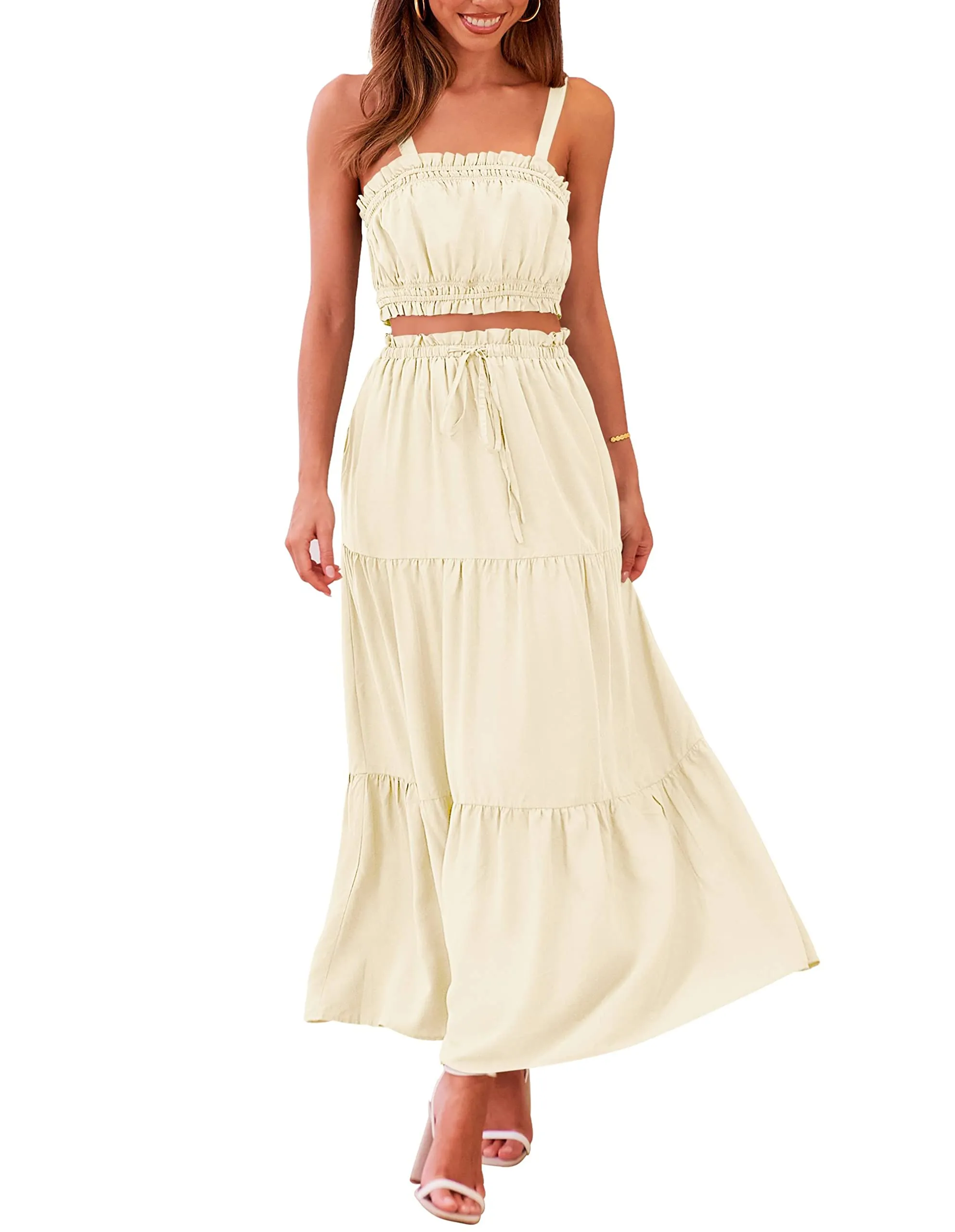MEROKEETY Crop Top Long Skirt Two Piece Set