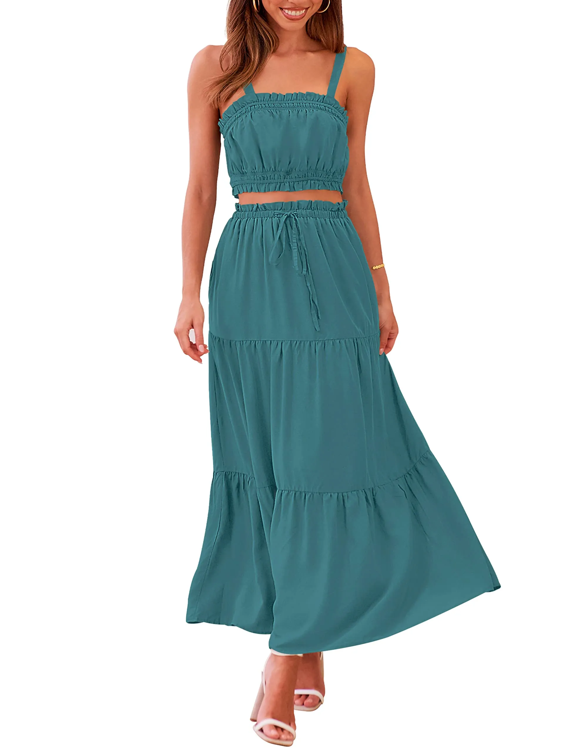 MEROKEETY Crop Top Long Skirt Two Piece Set
