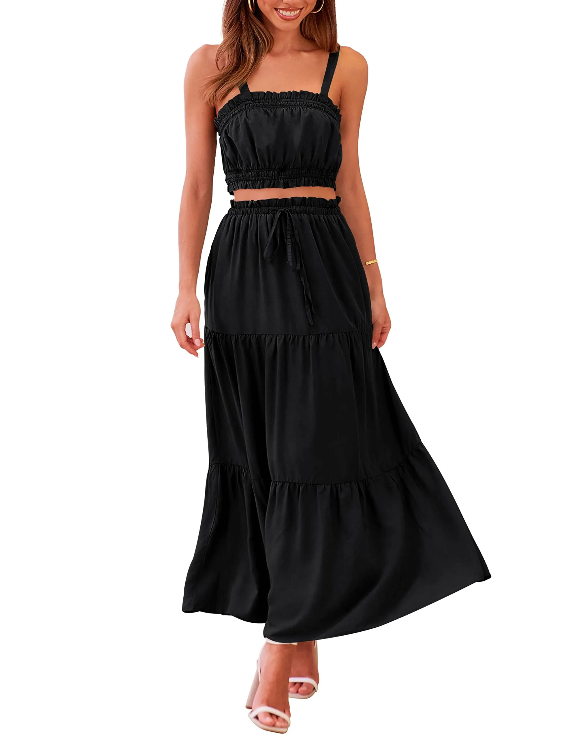 MEROKEETY Crop Top Long Skirt Two Piece Set