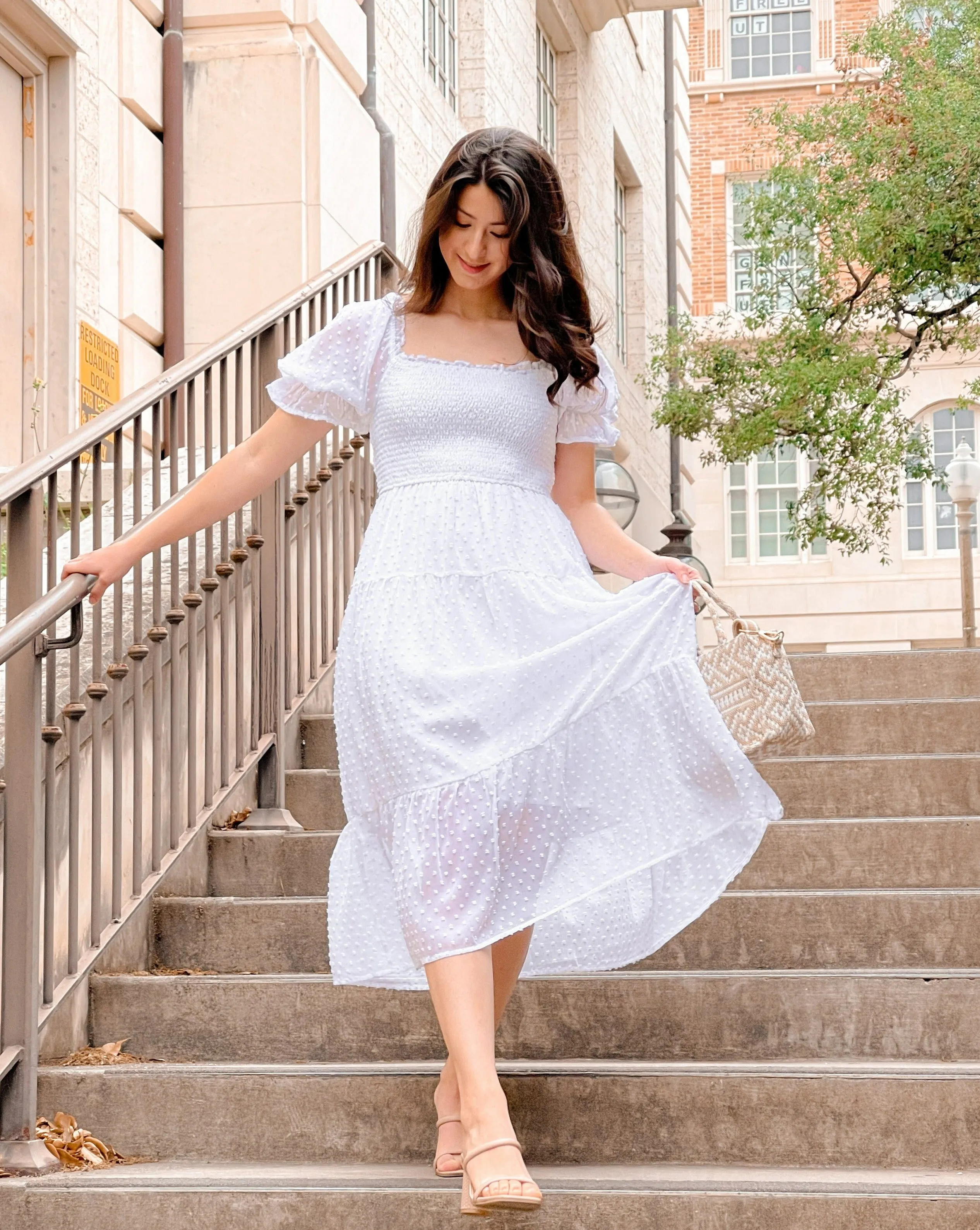 MEROKEETY Puff Sleeve Tie Back Flowy Midi Dress
