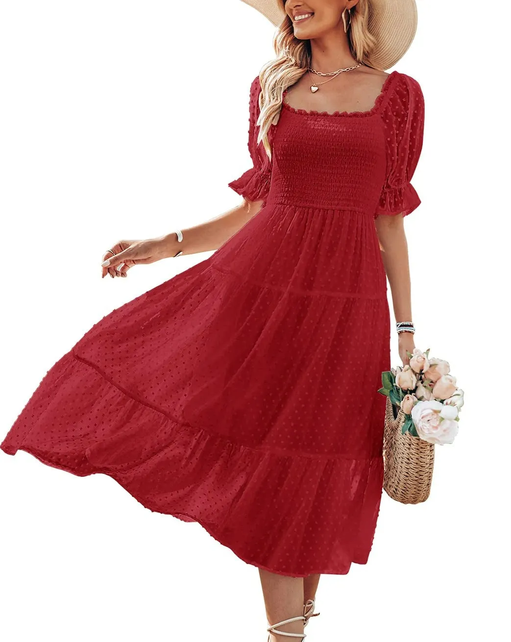 MEROKEETY Puff Sleeve Tie Back Flowy Midi Dress