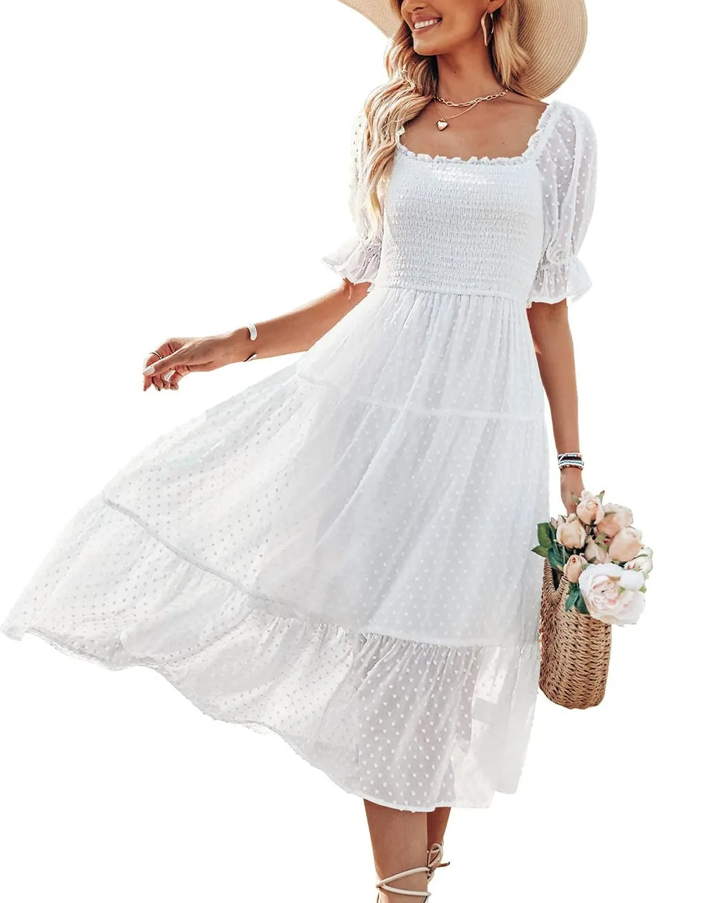MEROKEETY Puff Sleeve Tie Back Flowy Midi Dress
