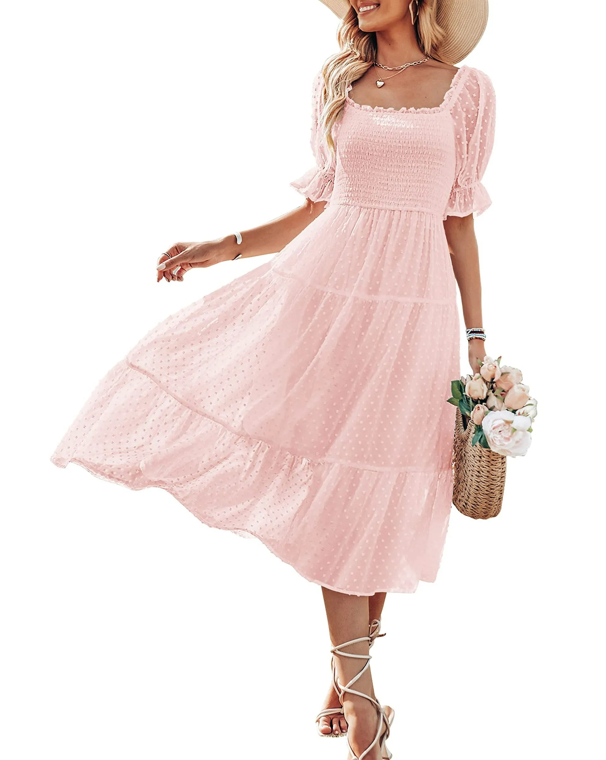 MEROKEETY Puff Sleeve Tie Back Flowy Midi Dress