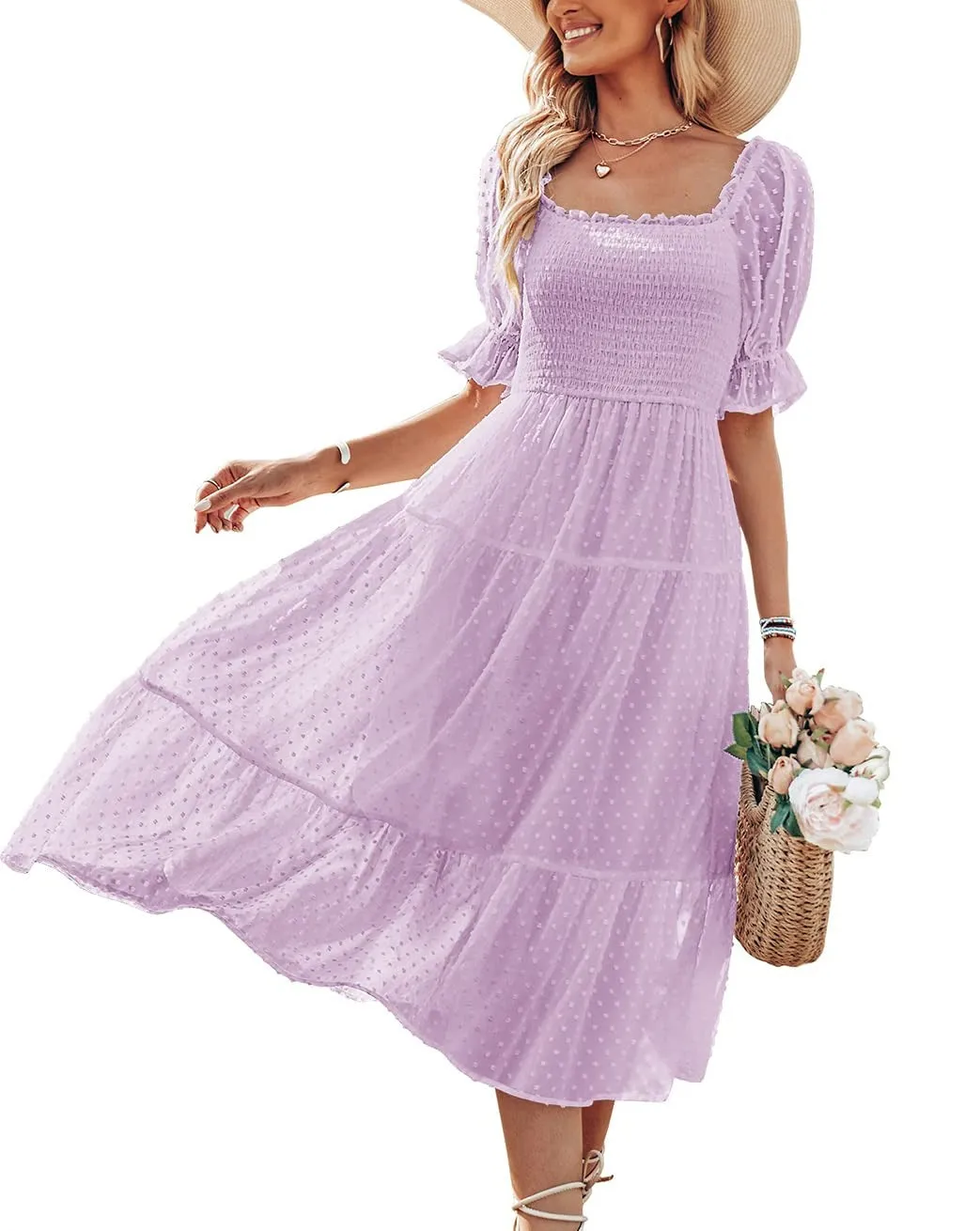 MEROKEETY Puff Sleeve Tie Back Flowy Midi Dress