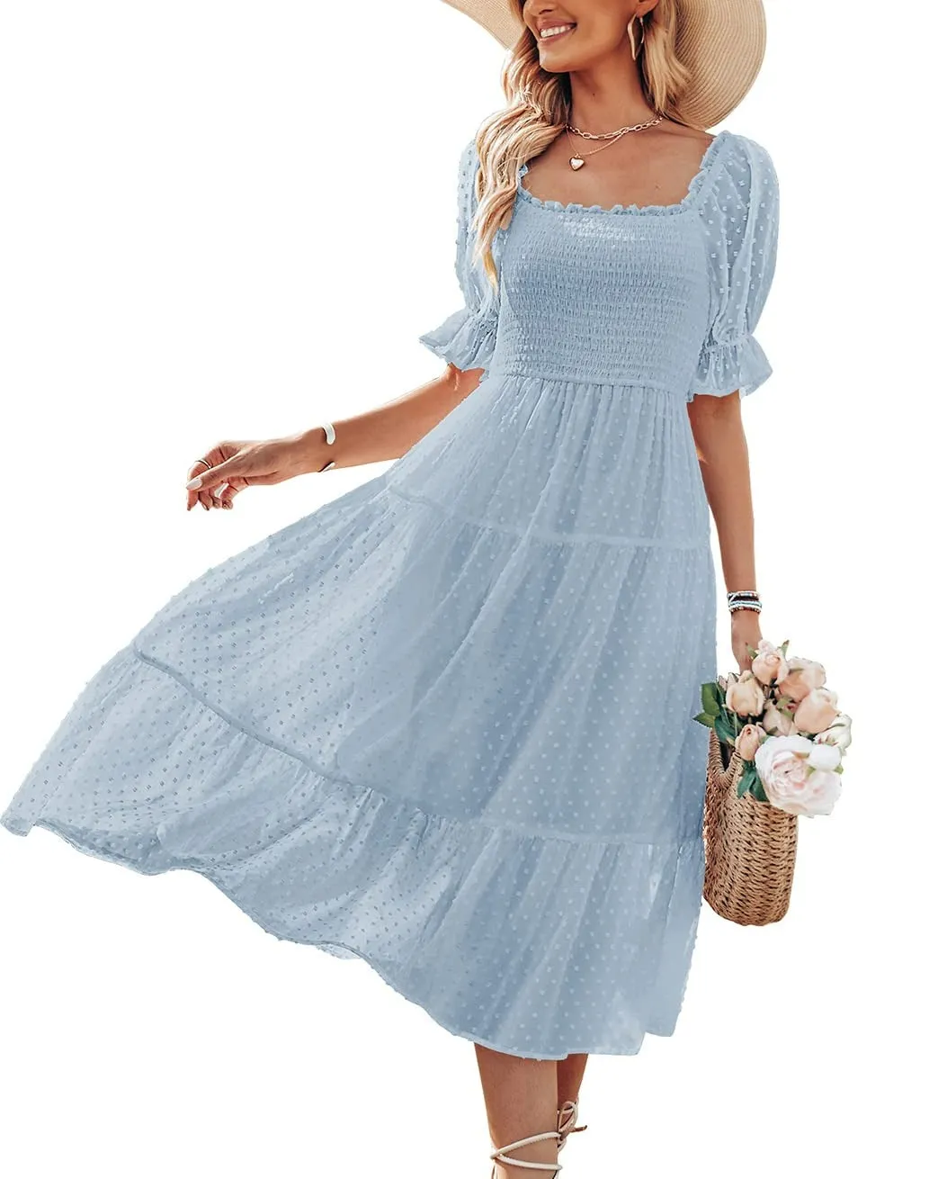 MEROKEETY Puff Sleeve Tie Back Flowy Midi Dress
