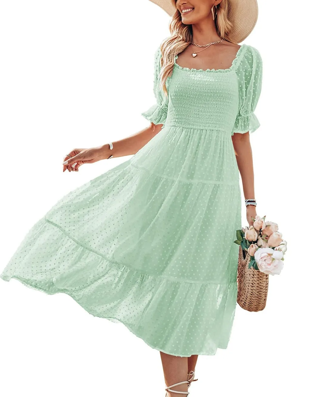 MEROKEETY Puff Sleeve Tie Back Flowy Midi Dress