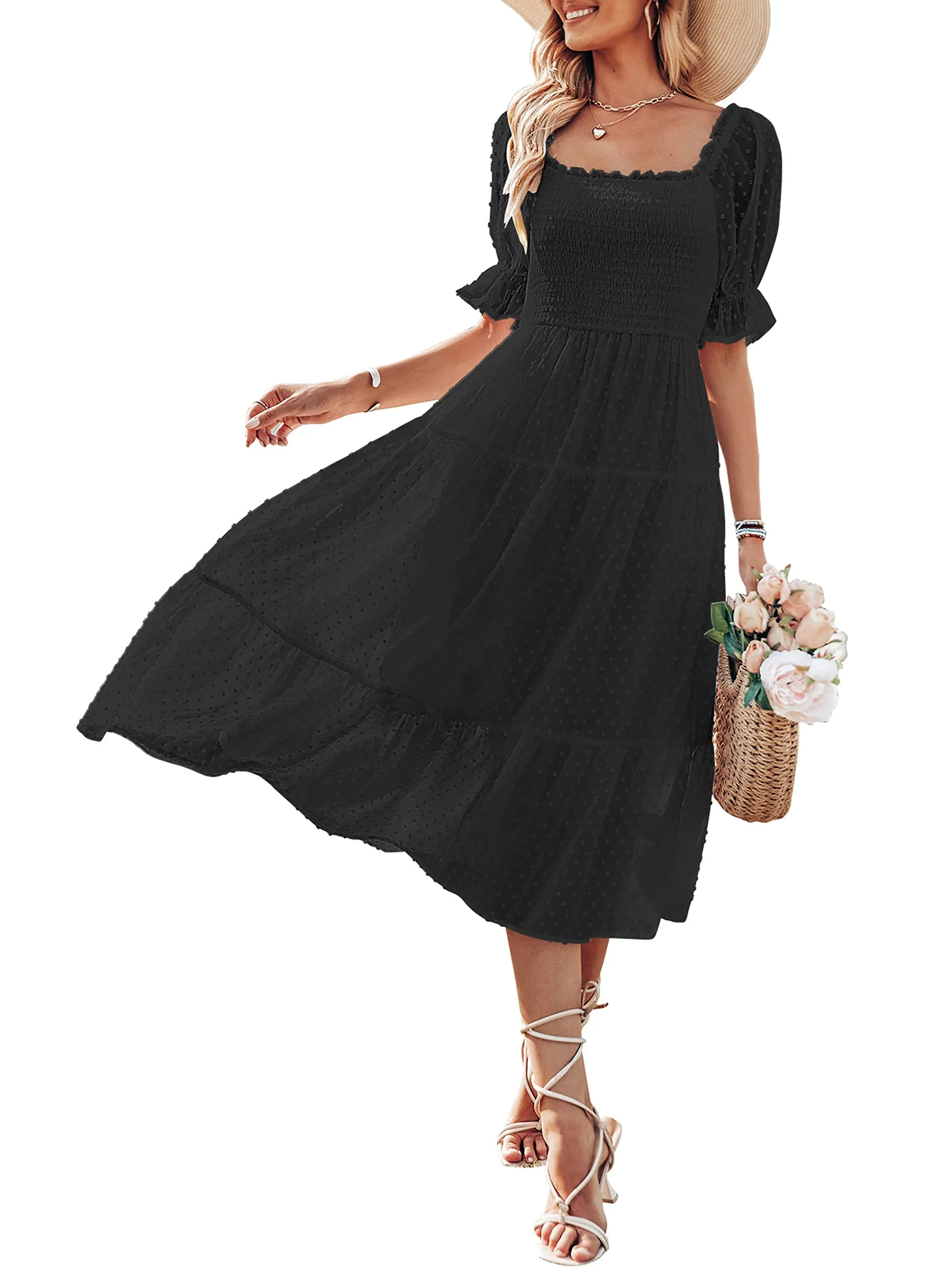 MEROKEETY Puff Sleeve Tie Back Flowy Midi Dress