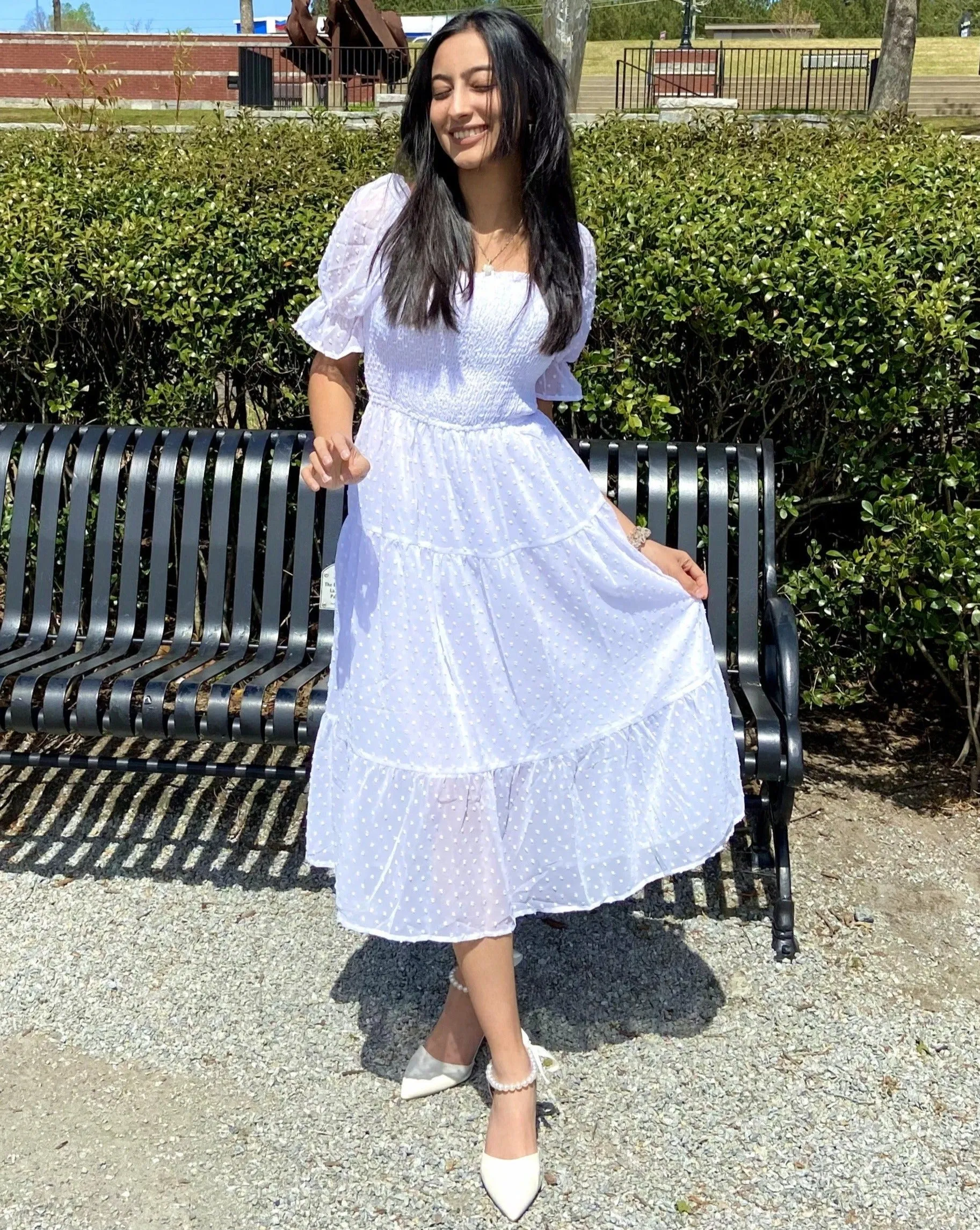 MEROKEETY Puff Sleeve Tie Back Flowy Midi Dress