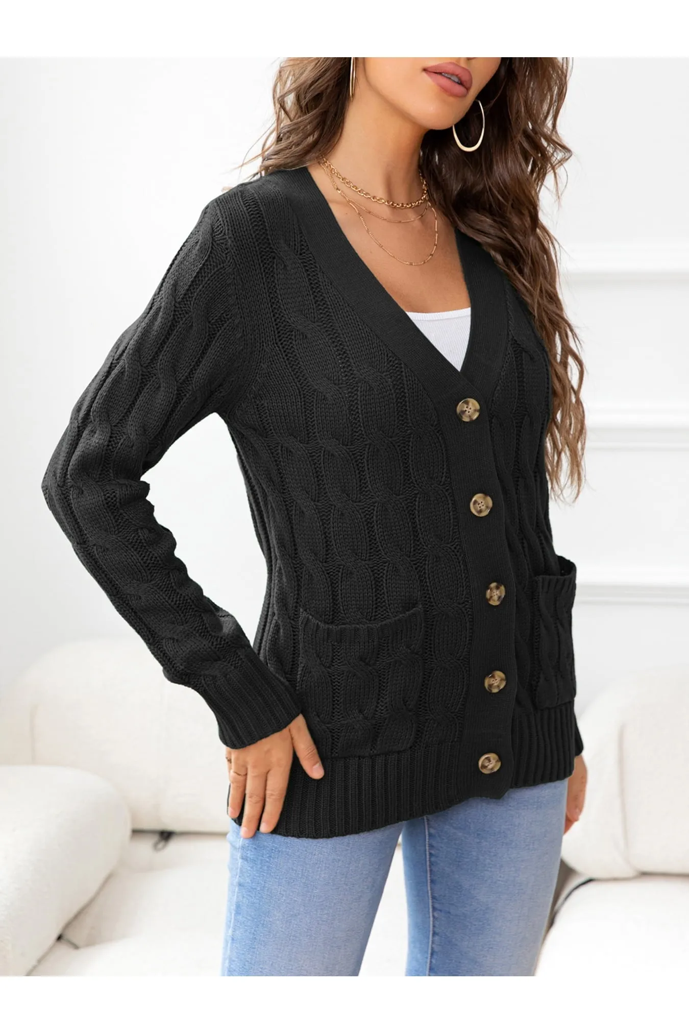 NicholesGifts Women Button Down Cable-Knit Cardigan