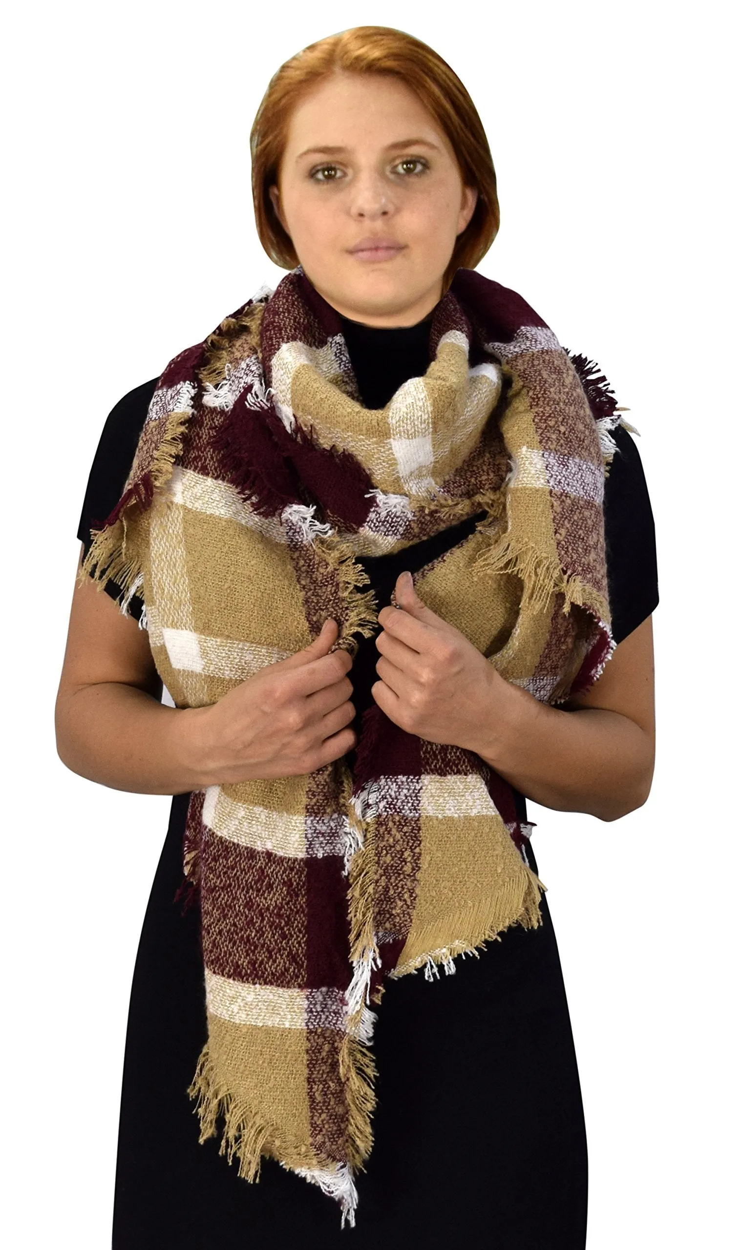 Plaid Tartan Oversized Oblong Cashmere Feel Oblong Blanket Scarves Tan/Burgundy 91