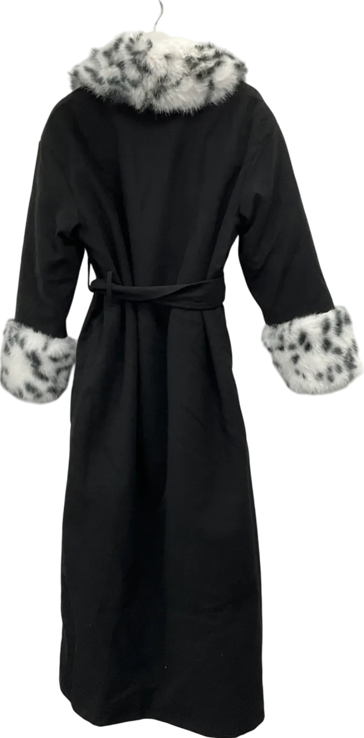 PrettyLittleThing Black Faux Fur Trim Contrast Wool Look Maxi Coat UK 10