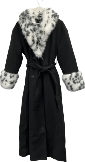 PrettyLittleThing Black Faux Fur Trim Contrast Wool Look Maxi Coat UK 10