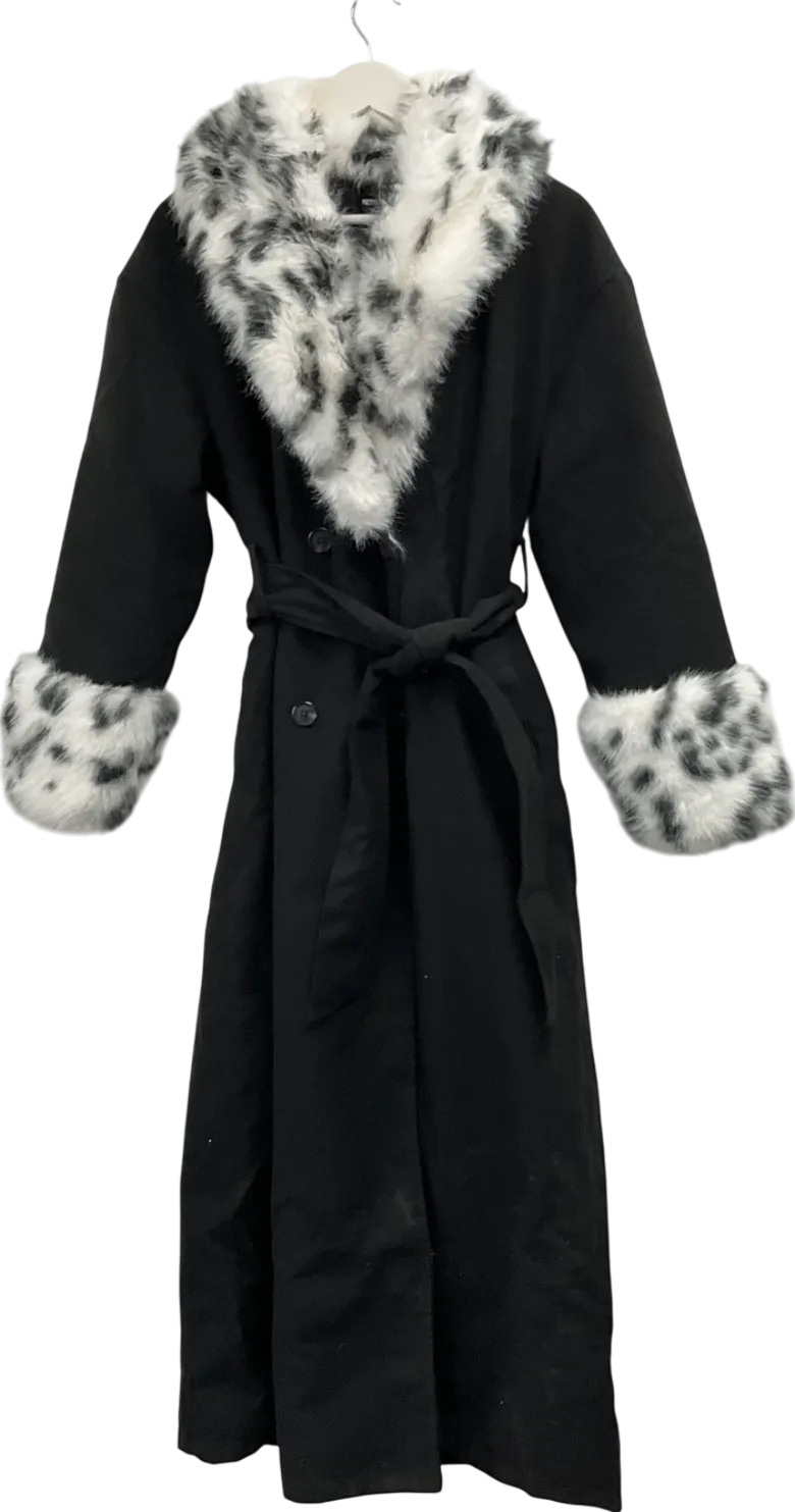 PrettyLittleThing Black Faux Fur Trim Contrast Wool Look Maxi Coat UK 10