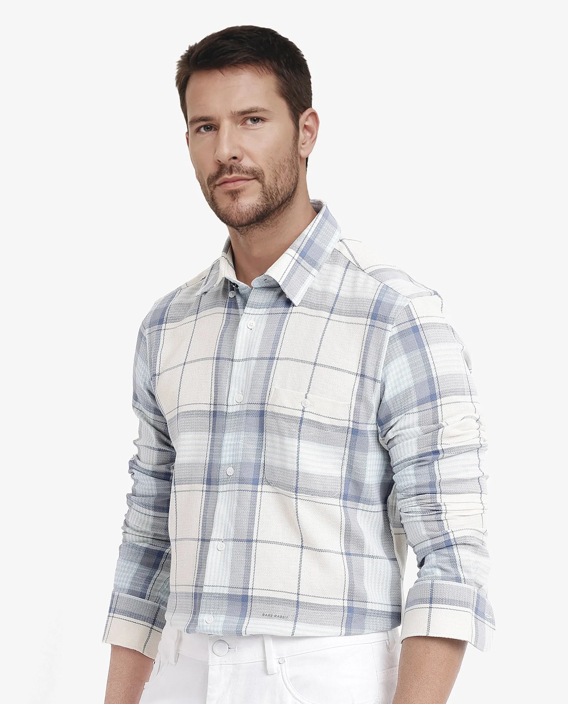 Rare Rabbit Men Senza Off White Cotton Fabric Full Sleeve Button Down Collar Regular Fit Check Shirt