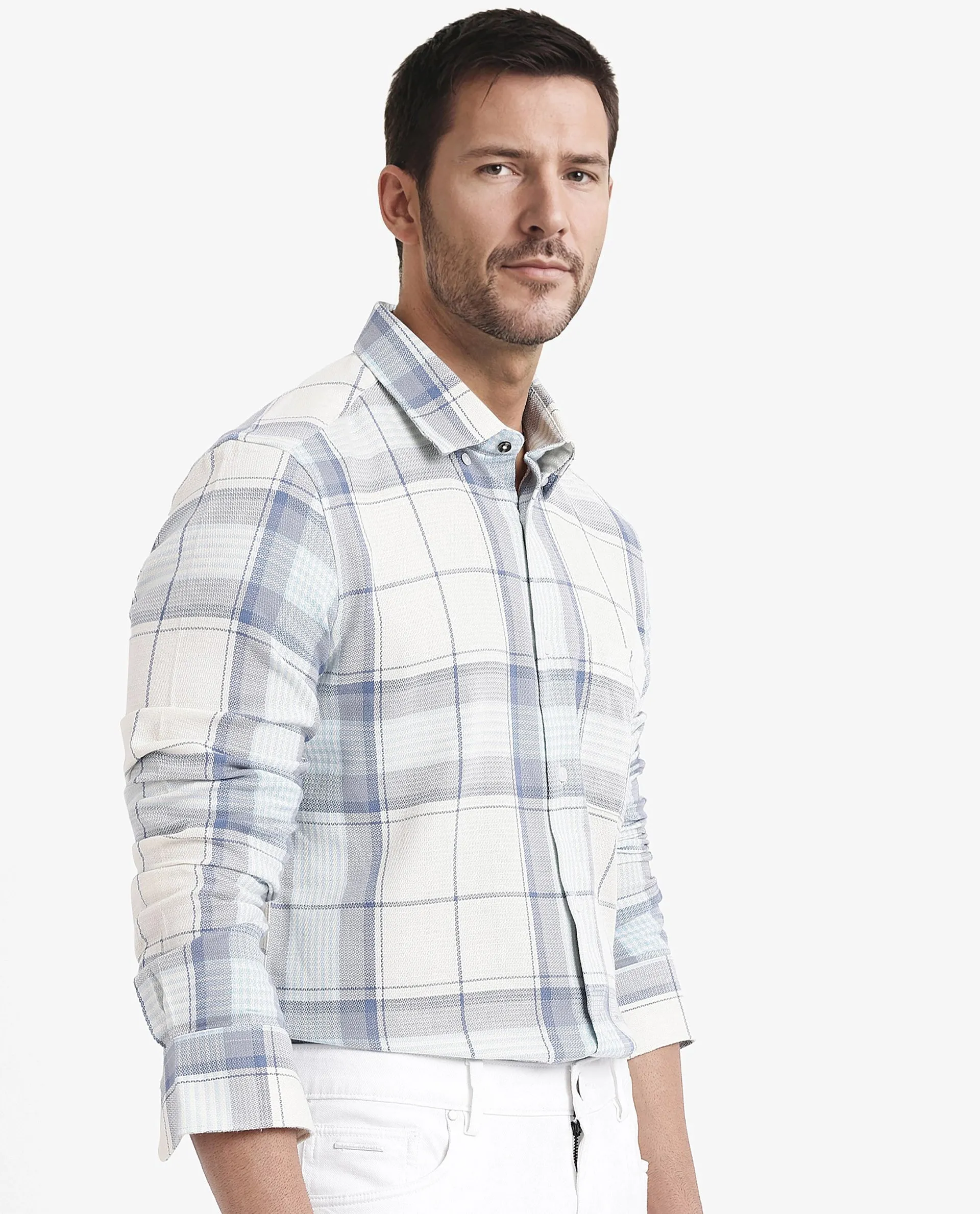 Rare Rabbit Men Senza Off White Cotton Fabric Full Sleeve Button Down Collar Regular Fit Check Shirt