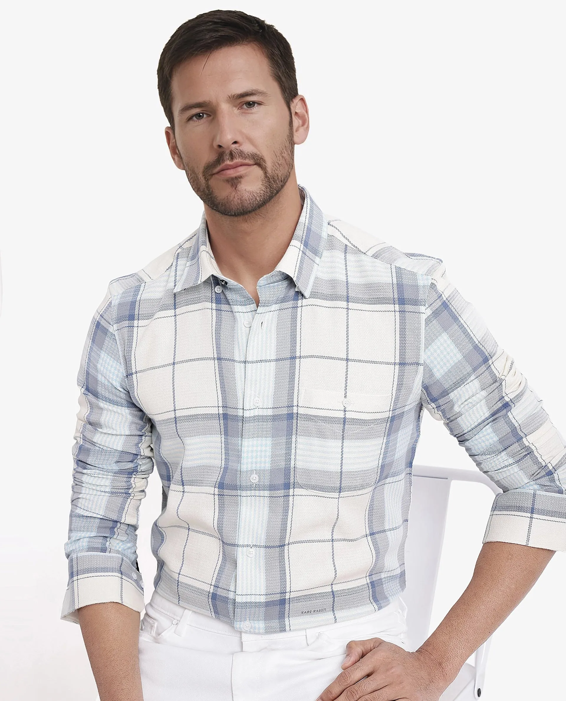 Rare Rabbit Men Senza Off White Cotton Fabric Full Sleeve Button Down Collar Regular Fit Check Shirt