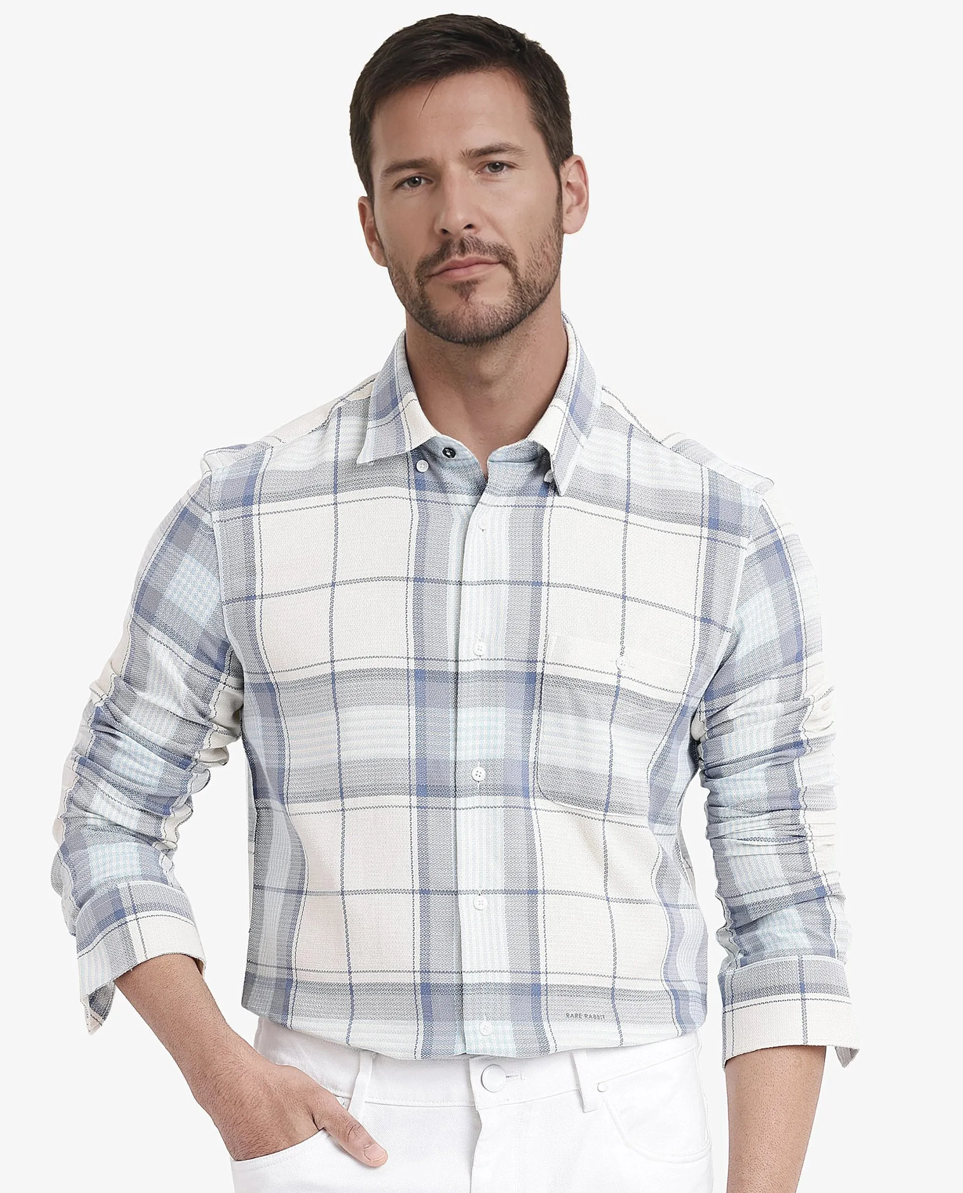 Rare Rabbit Men Senza Off White Cotton Fabric Full Sleeve Button Down Collar Regular Fit Check Shirt
