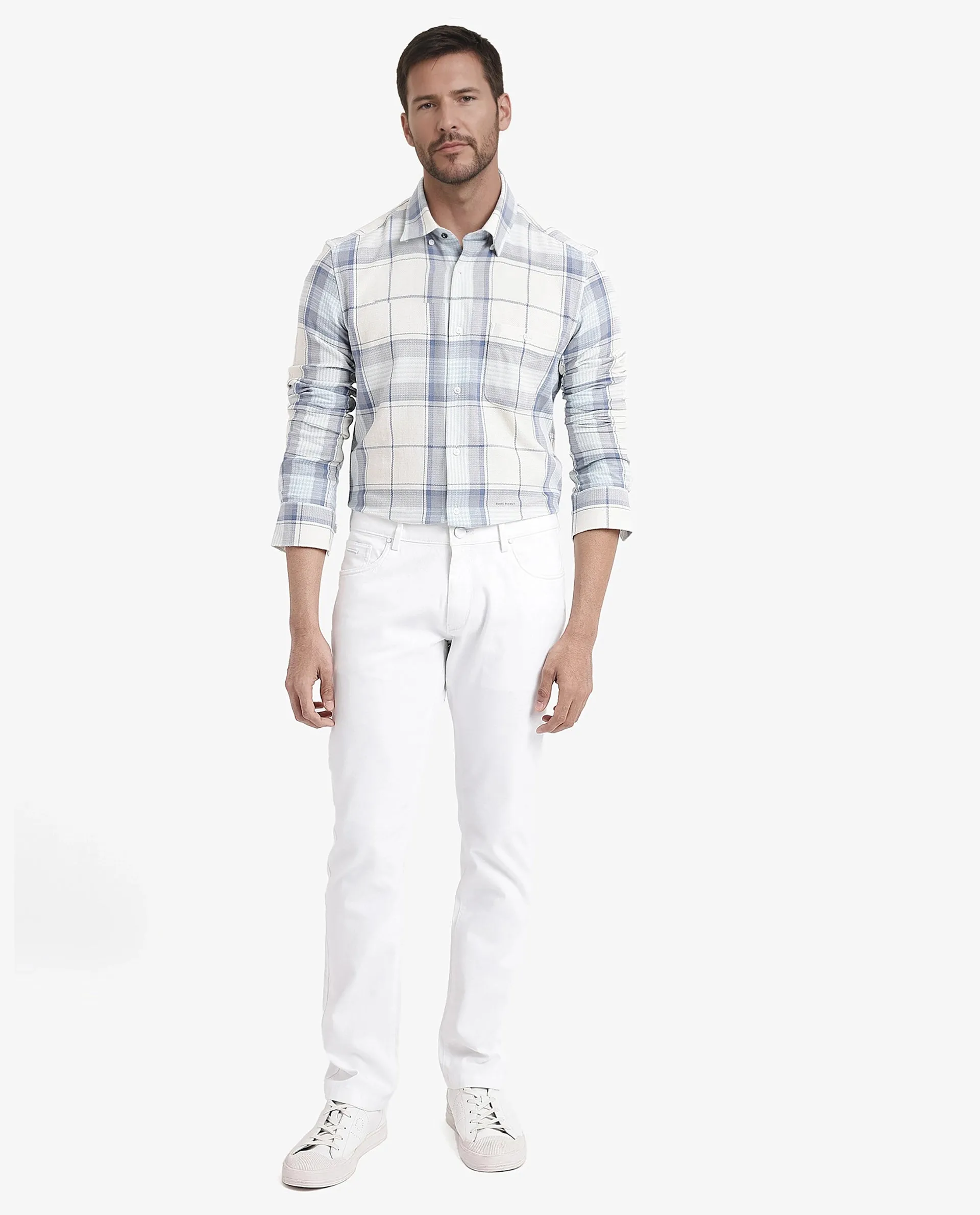 Rare Rabbit Men Senza Off White Cotton Fabric Full Sleeve Button Down Collar Regular Fit Check Shirt