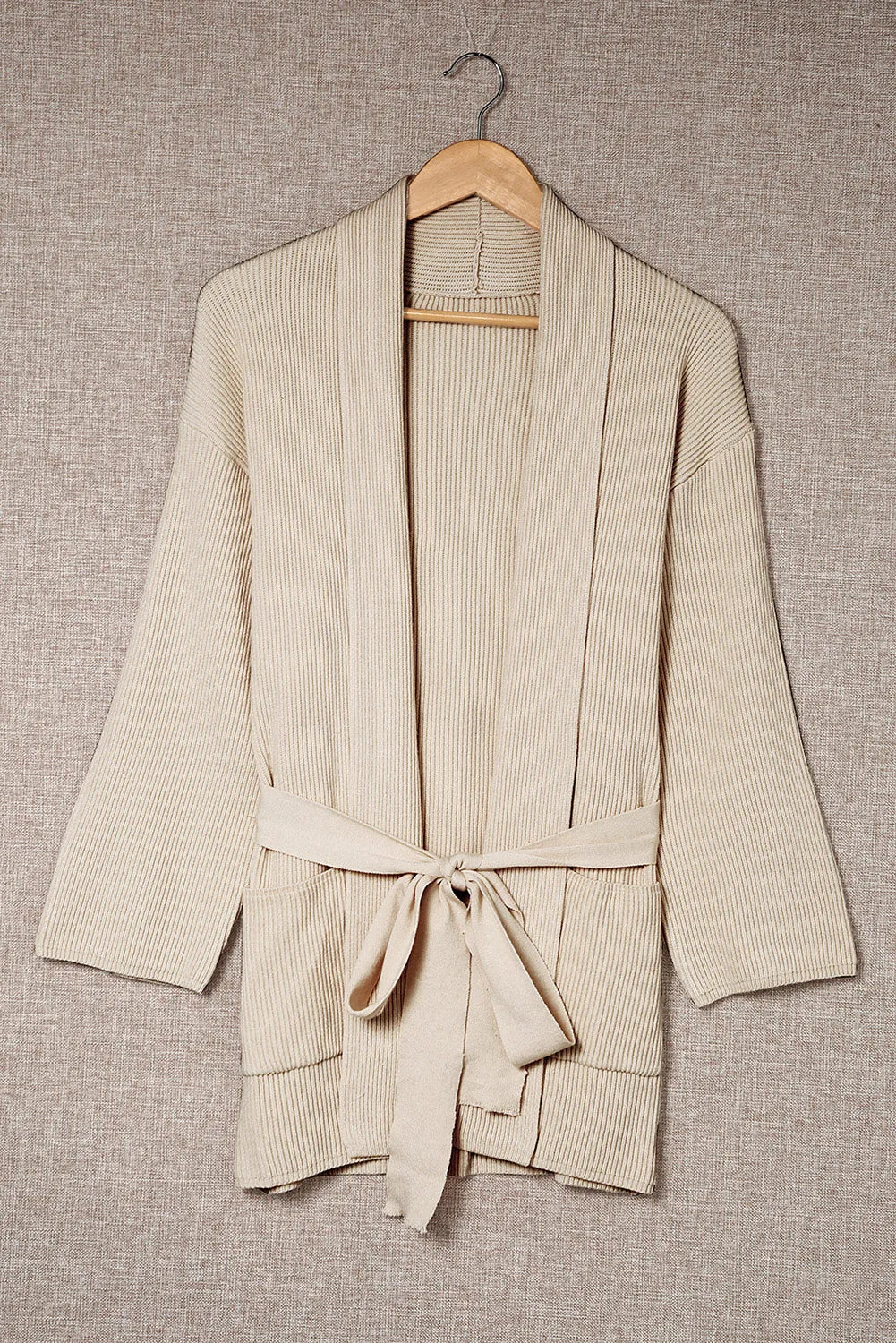Robe Style Rib Knit Pocketed Cardigan with Belt