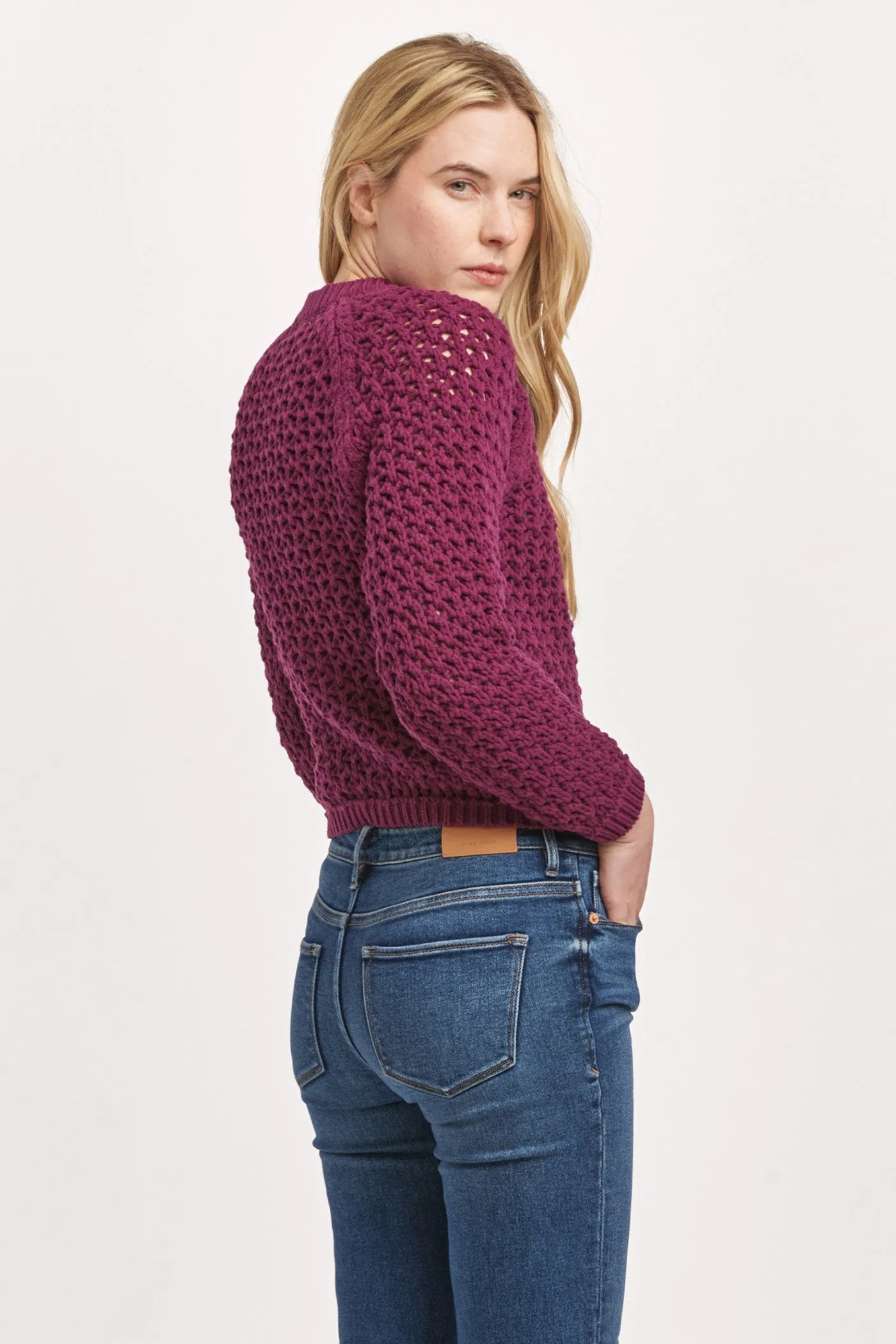 SARAFINA CREW NECK LONG SLEEVE EYELET SWEATER PLUM BERRY