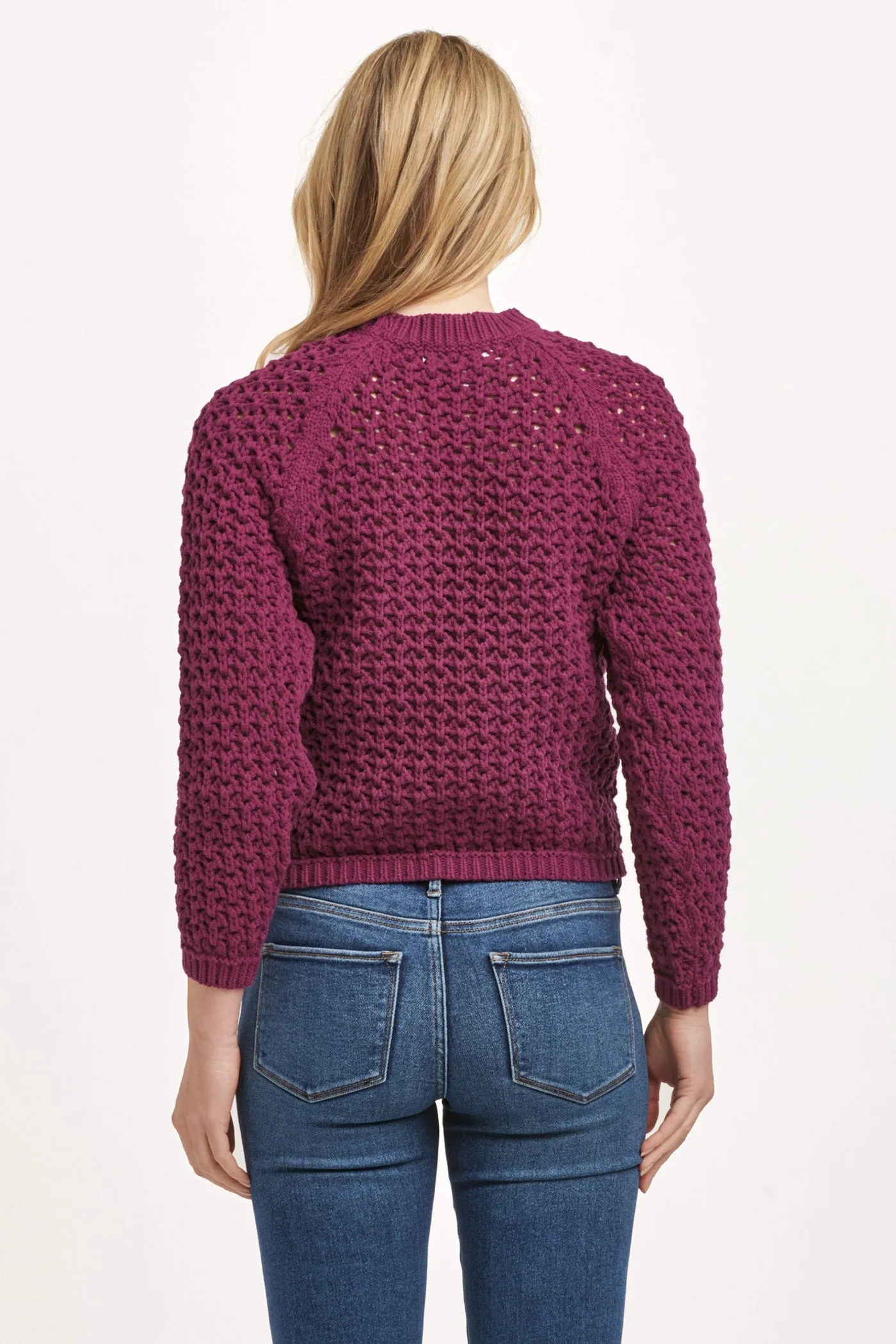 SARAFINA CREW NECK LONG SLEEVE EYELET SWEATER PLUM BERRY