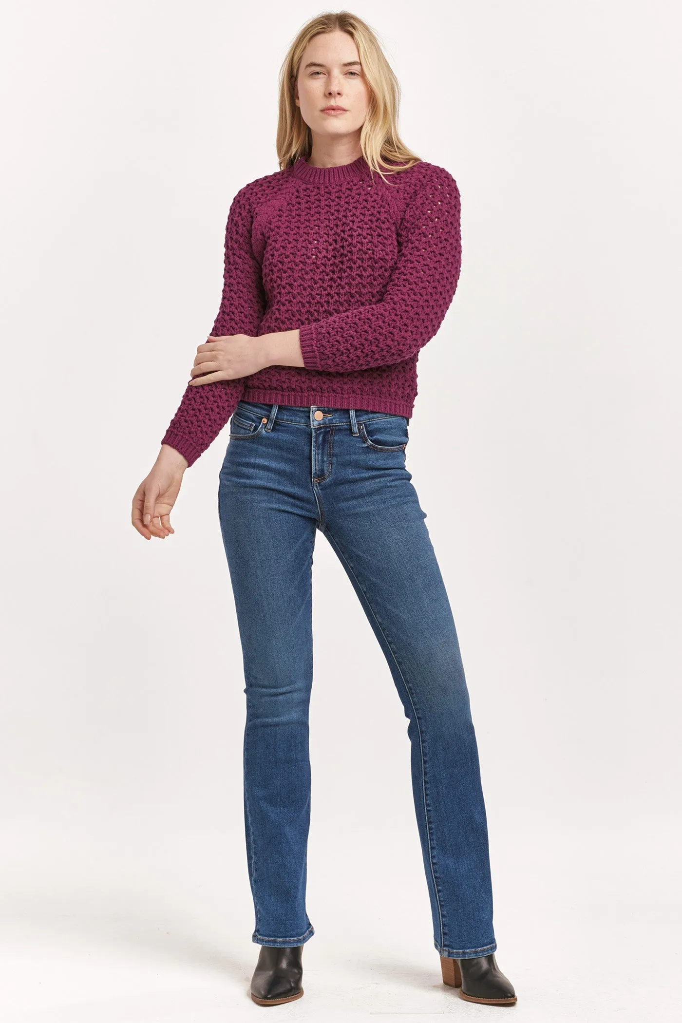 SARAFINA CREW NECK LONG SLEEVE EYELET SWEATER PLUM BERRY