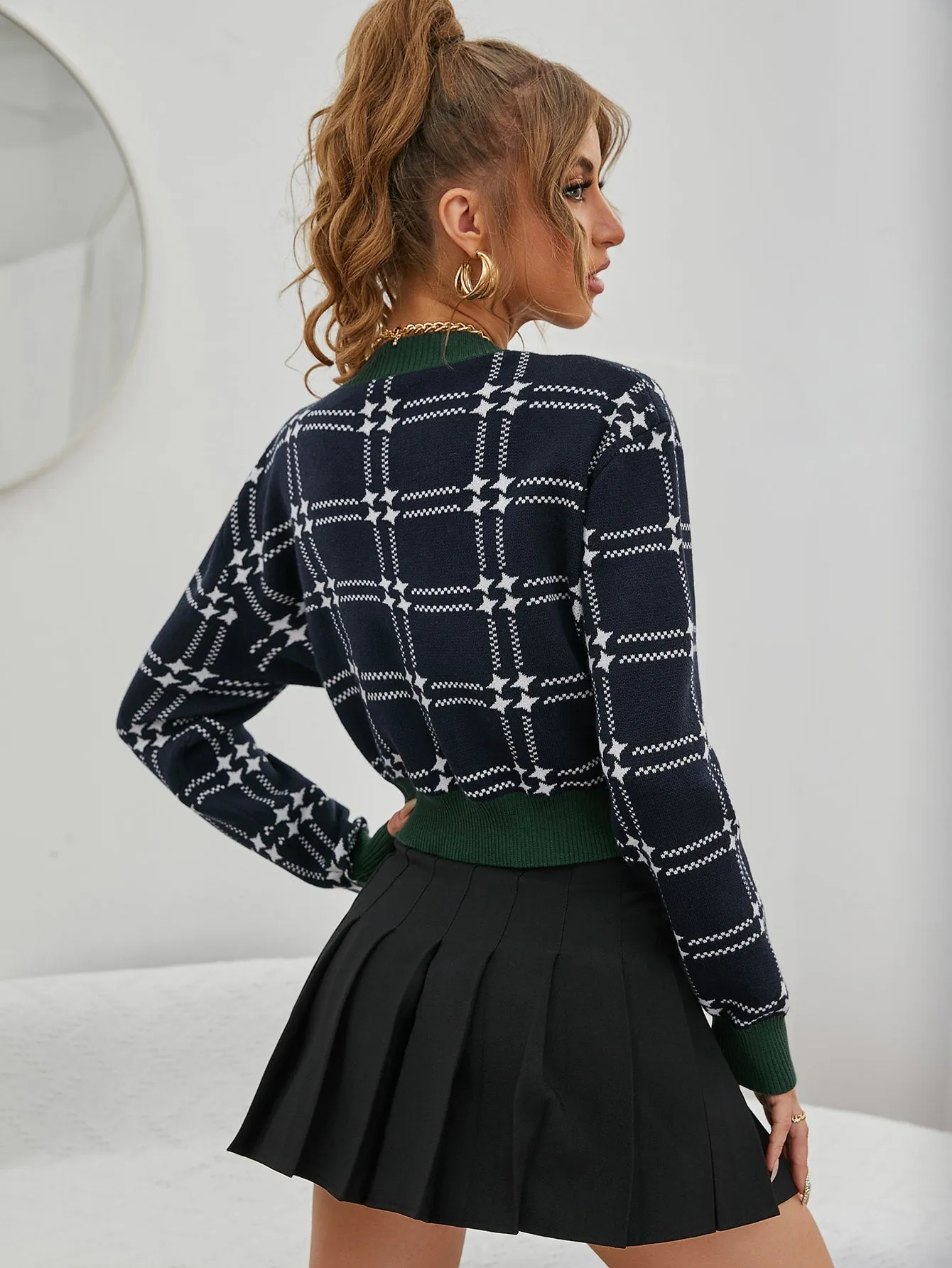 Sexy Plaid Button Front Long Sleeve V Neck Crop Women Cardigan