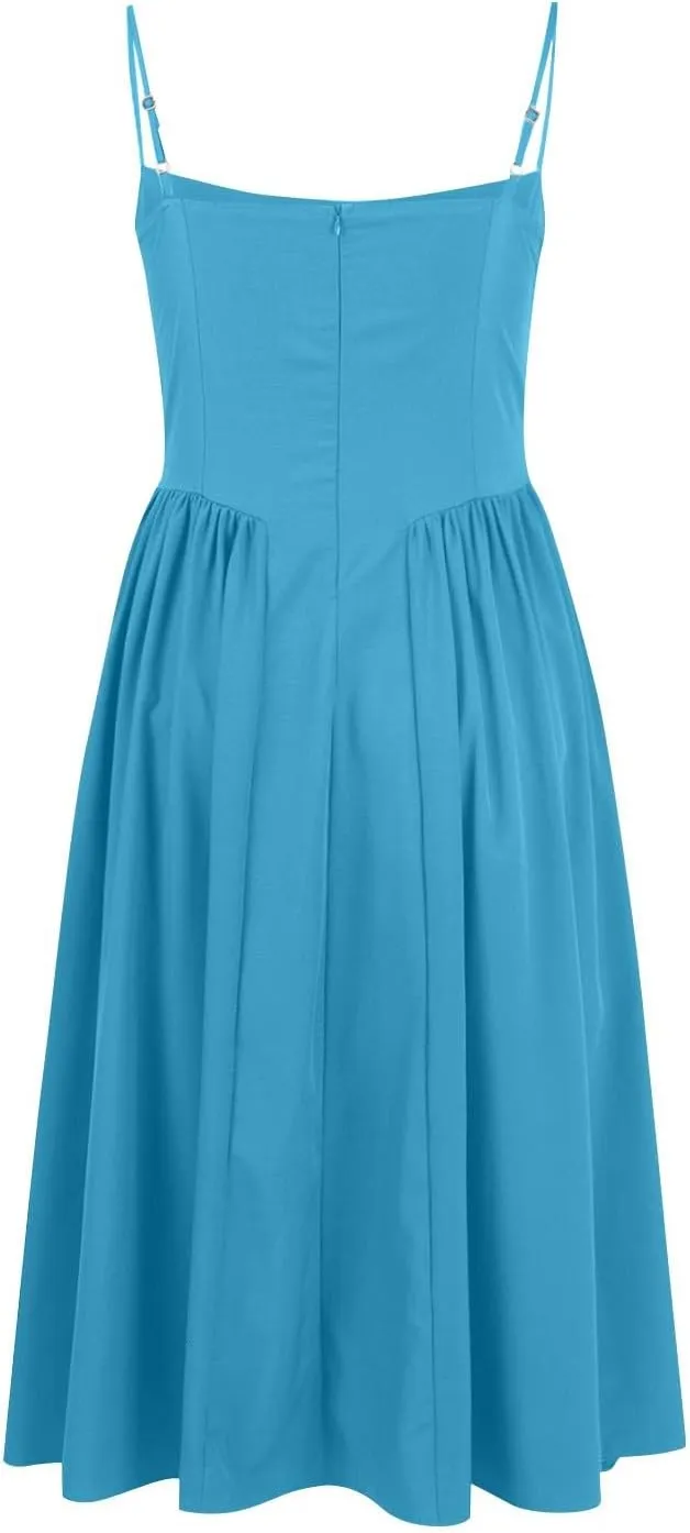 Sleeveless Corset Fit Midi Dress Women Sexy Elegant Spaghetti Strap Dress Flowy Pleated Hem Low Cut Milkmaid Dress