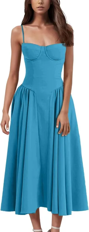Sleeveless Corset Fit Midi Dress Women Sexy Elegant Spaghetti Strap Dress Flowy Pleated Hem Low Cut Milkmaid Dress